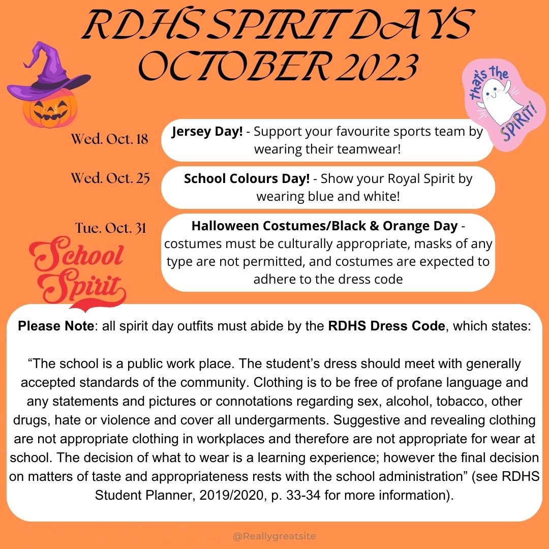 RDHS_Library's tweet image. The elementary and secondary student councils have spoken!  These are our RHDS Spirit Days for the remainder of October!  Please also see the dress code reminders! @RDHS_Library @lkdsblibraries