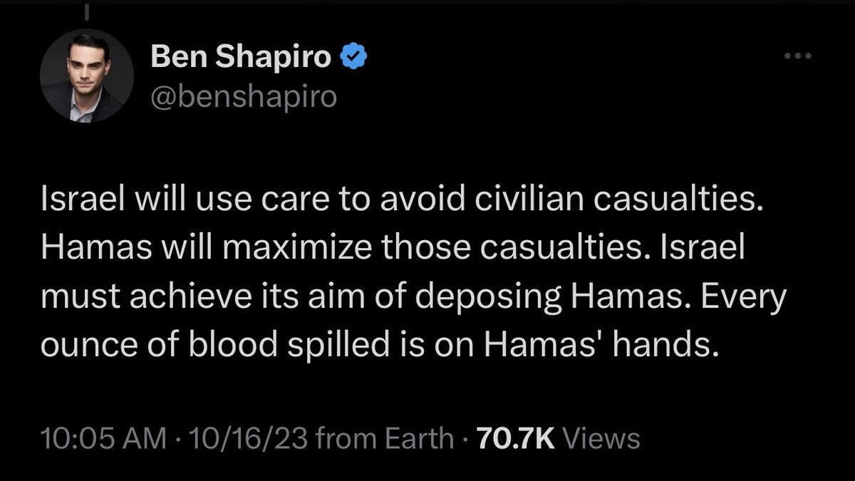 🇮🇱 @Benshapiro, if Israel is “using care to avoid civilian casualties,” why did they:

❌Bomb a UN school
❌Bomb a Jordanian field hospital
❌Bomb first responders
❌Bomb journalists
❌Bomb civilian evacuee convoys
❌Bomb entire cities, killing over 1,030 children since October 7