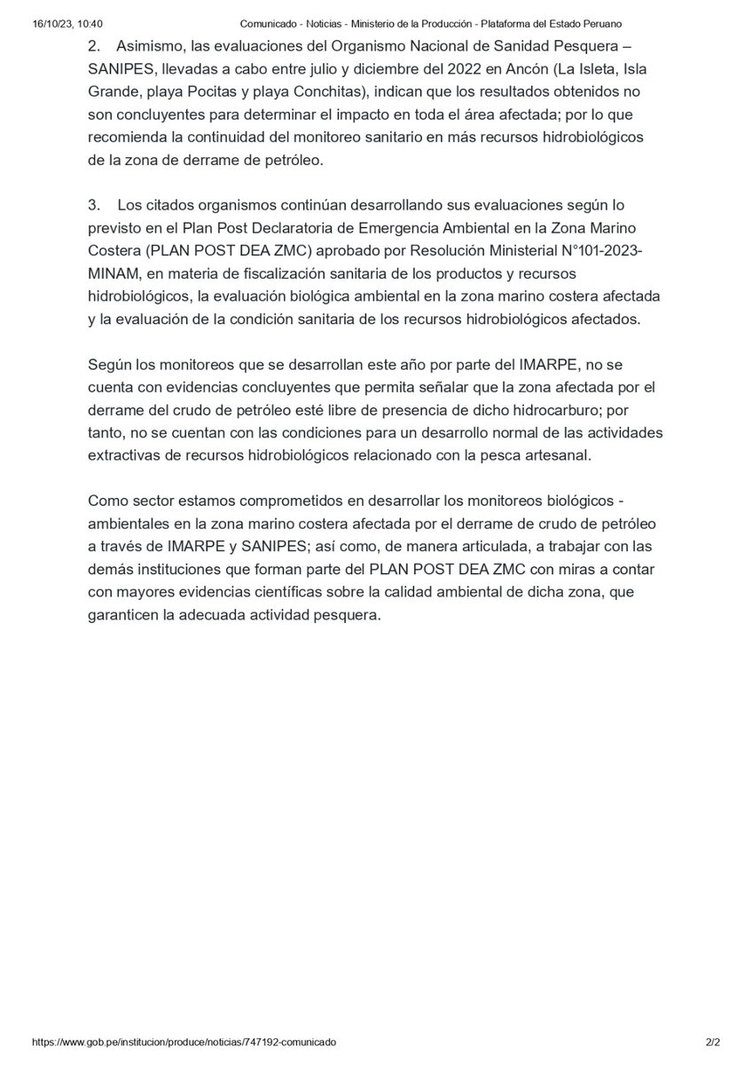 FrenteDefensaPE's tweet photo. @MINPRODUCCION en comunicado del 21/04/23 advierte que el mar afectado por el derrame de @Repsol no cuenta con condiciones para la pesca. 
Esperamos el pronunciamiento de las autoridades sobre las condiciones actuales del mar. 
@SanipesPeru @ImarpePeru
#compensacionjusta https://t.co/tFP17jplxb