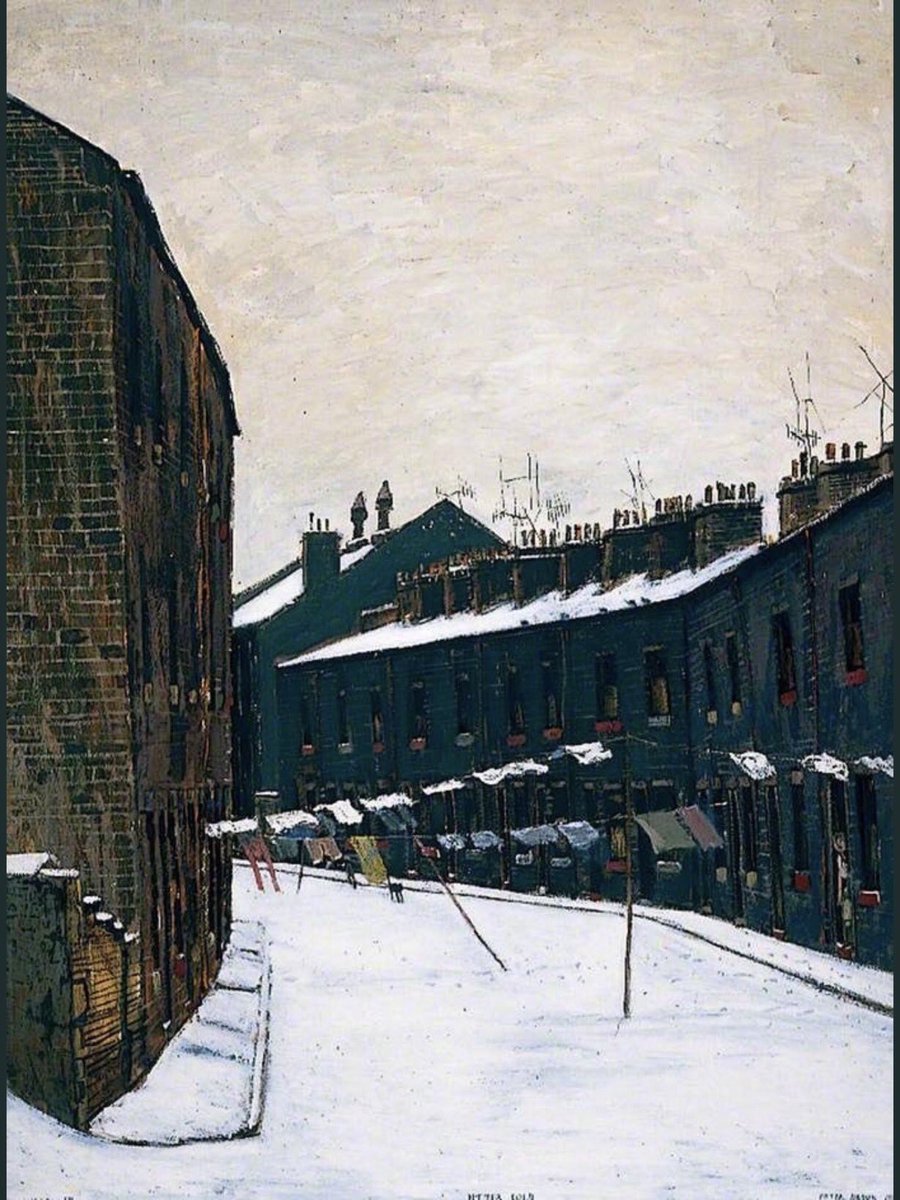 PennineThe's tweet photo. Monday washing appears in all weathers in Peter Brook’s paintings, with ‘Bitter Cold - Chapel Street’, a large wintry portrayal of Sowerby Bridge, perhaps the most striking, the traditional lines of laundry blowing in what must have been a bone-chilling wind. (@HuddsArtGallery) https://t.co/nIR91IaGoV