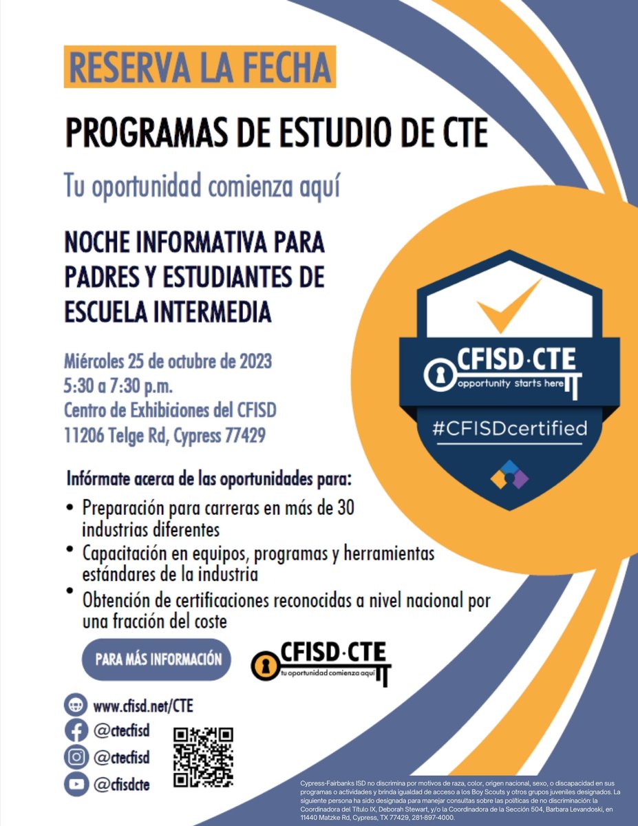 CFISDCTE's tweet photo. Attention all Middle School students and parents!
Plan for a come-and-go evening that includes:
*a 15-minute General Information Presentation happening 3 times throughout the evening- 5:30, 6:15, and 7:00 p.m.
*the opportunity to visit the Program of Study tables https://t.co/nshhpctVeF