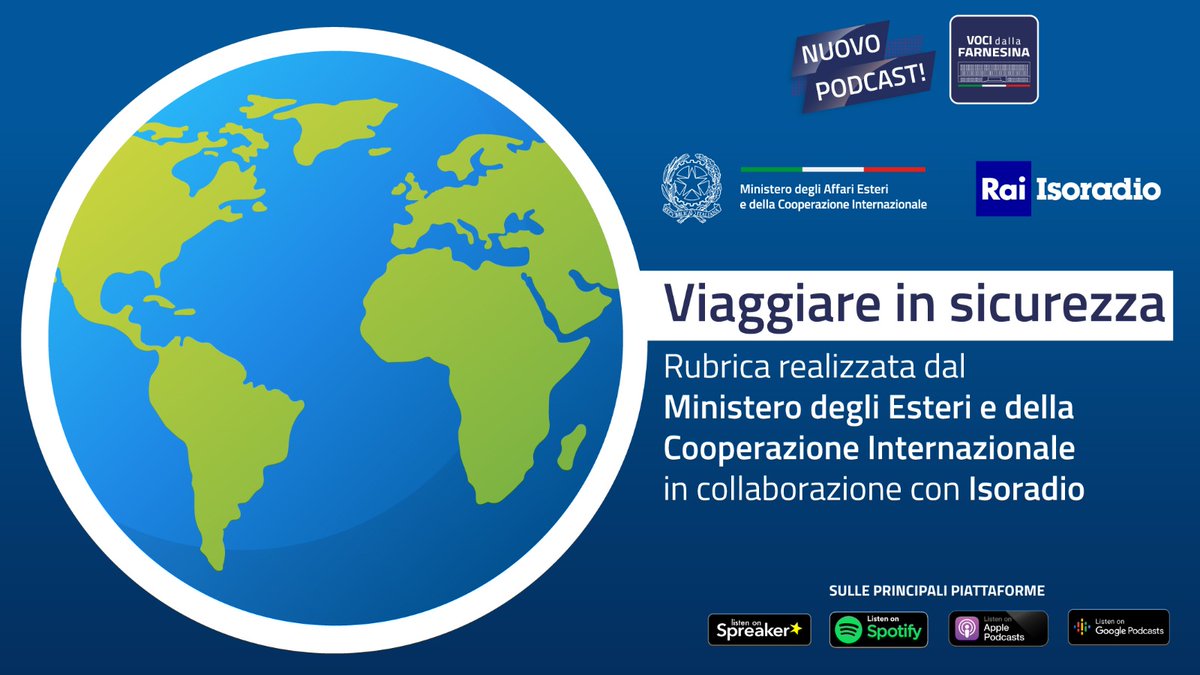 📻Inizia oggi “Viaggiare in sicurezza” la nuova rubrica di aggiornamento del Ministero degli Esteri e della Cooperazione Internazionale, trasmessa tutti i lunedì alle 11.50 su Rai Isoradio. 🎙️ Ascolta la prima puntata con il Ministro @Antonio_Tajani ➡️ spreaker.com/episode/572532…