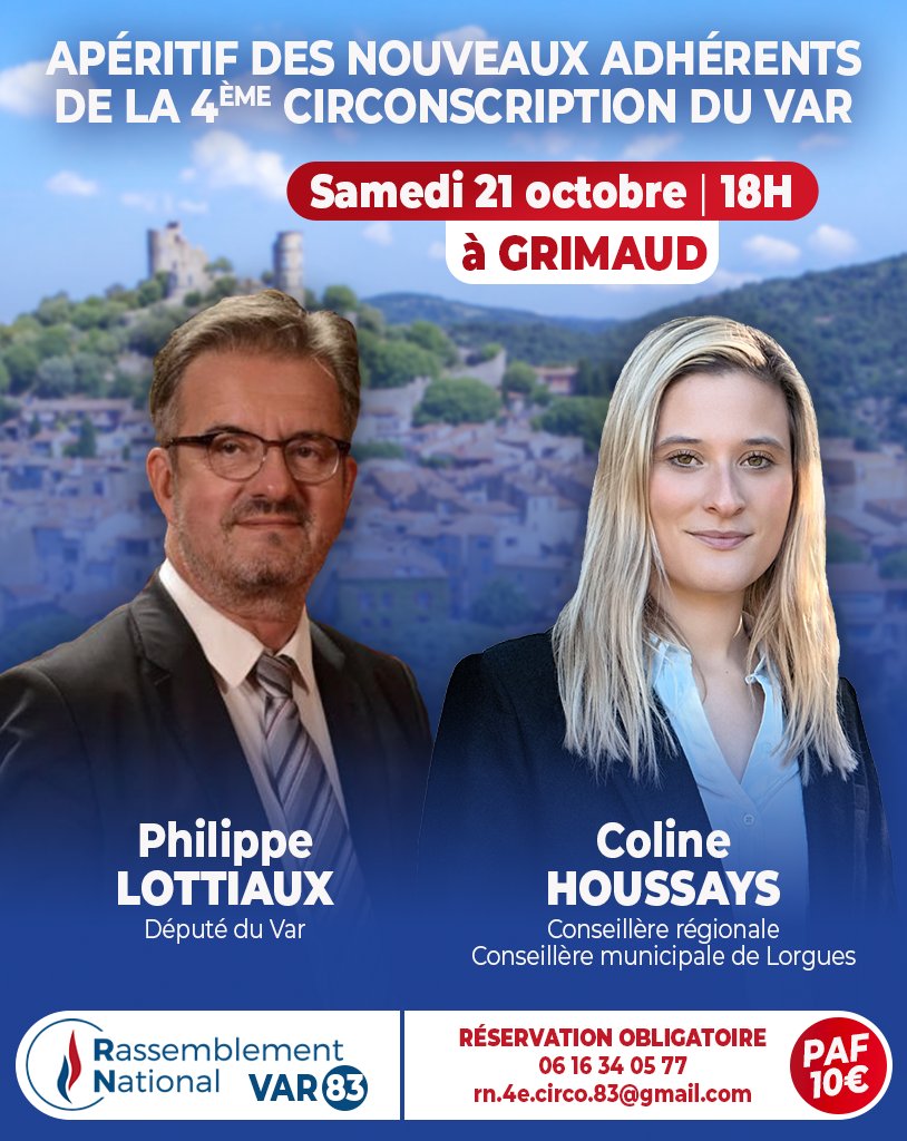 APÉRITIF #CIRCO8304 🇨🇵 @RNVar_officiel : Vous êtes nouvel adhérent ou souhaitez le devenir ? Retrouvons-nous samedi 21 octobre dès 18h00 à #Grimaud avec notre député @phlottiaux #circo8304  @coline_houssays @PiastFidra @RNational_off
@rnj_var @rn_paca #Var