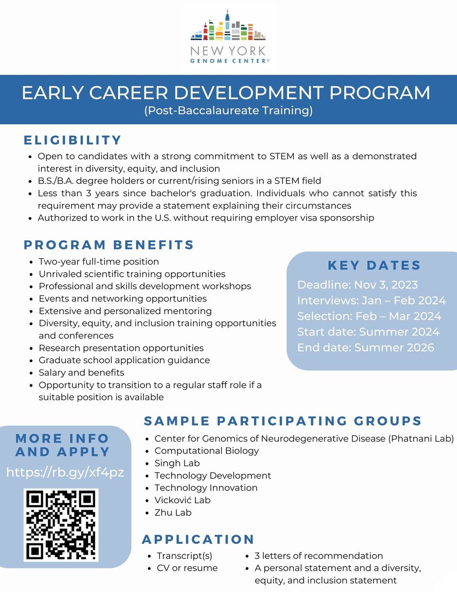 Less than a month left to apply for NYGC's inaugural Early Career Development Program (Post-Bacc Training)! Learn more about the program below: