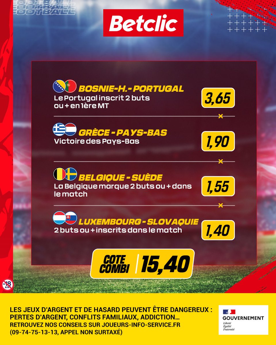 Betclic's tweet photo. Un combiné bien football, bien Europe ! ⚽️🇪🇺

On offre 5x20€ de Freebets parmi les RT si le combi ne passe pas la team 🤝 https://t.co/7Mil8QnbeM