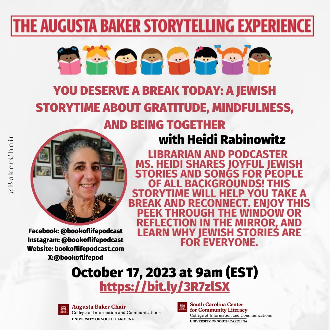 October 17, 2023! 📚 Register here - bit.ly/3R7zlSX

⭐ The series is part of the Augusta Baker programming at the University of South Carolina School of Information Science.
sites.google.com/view/bakerlect… ⭐