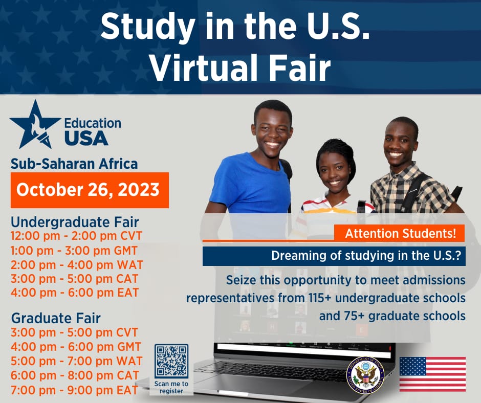 OneAfricanChild (@1african_child) on Twitter photo Are you an undergraduate or a graduate student, interested in studying in the U.S. on a fully funded scholarship? This virtual fair organised by Education USA, is for you! Registration is ongoing. To register, click the link below.
bit.ly/usvirtualfair23 Are you an undergraduate or a graduate student, interested in studying in the U.S. on a fully funded scholarship? This virtual fair organised by Education USA, is for you! Registration is ongoing. To register, click the link below.
bit.ly/usvirtualfair23