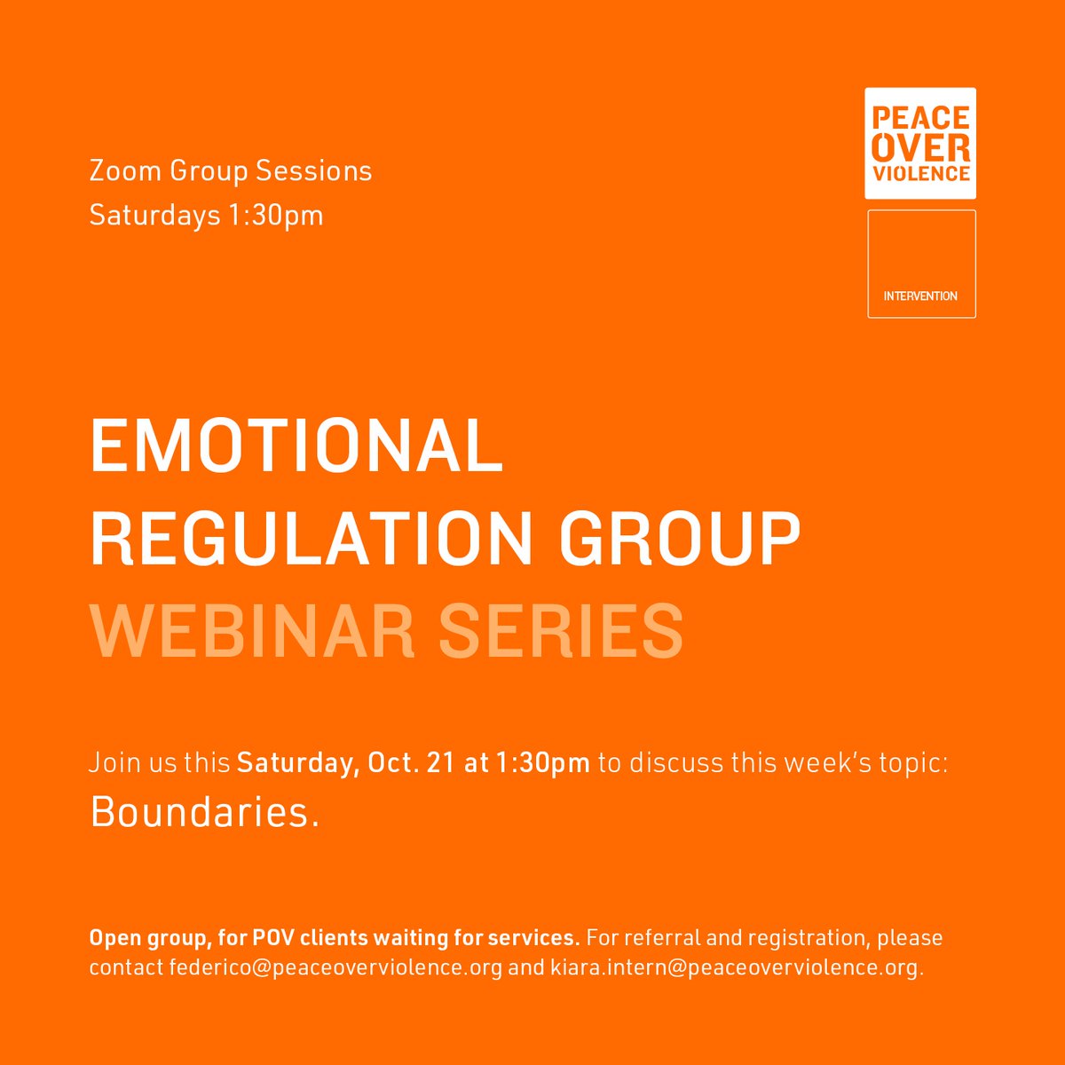 Time to talk about #boundaries! Existing POV clients! Join our virtual Emotional Regulation Group THIS Saturday, Oct. 21 at 1:30 p.m. PT to discuss how to #SetBoundaries to strengthen personal #wellbeing, #relationships, #MentalHealth + more! Email Federico@PeaceOverViolence.org