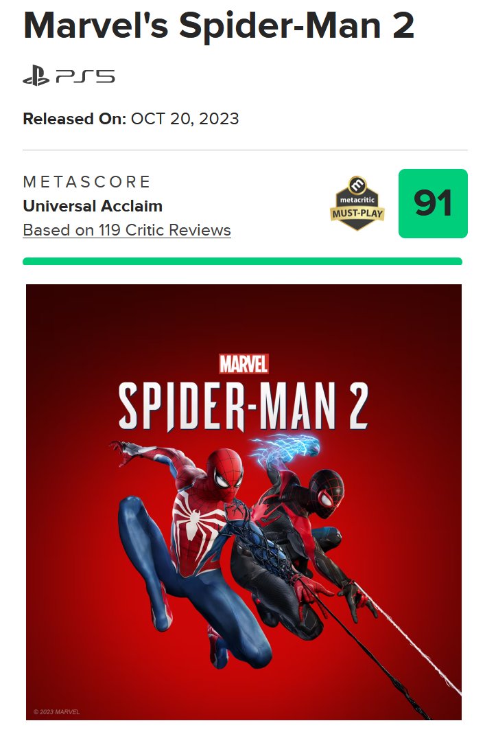 metacritic on X: Marvel's Spider-Man 2 reviews will start going up in the  next couple of minutes:   / X