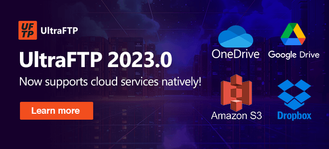 UltraEdit's tweet photo. UltraFTP 2023.0 has now been released and now supports #cloud #services natively! With this update, you can now upload files, download files, create folders and files, and the like directly within #UFTP.
Download the latest version of UFTP now! https://t.co/Rbs3Ab5H1C https://t.co/tP85dV1owN
