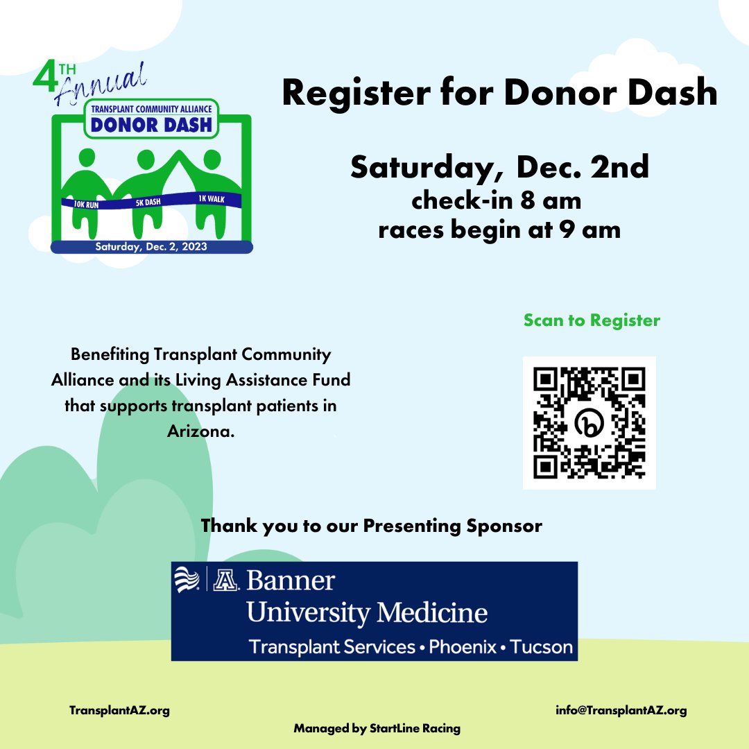 TransplantAZ's tweet photo. We are proud to announce that Banner University Transplant Centers are supporting TCA again this year as the Presenting Sponsor of Donor Dash.  Thank you for your dedication and care to the transplant community.  We are honored to be a partner with you.  #donordash  #BUMCP #BUMCT https://t.co/b05TbM3tmb