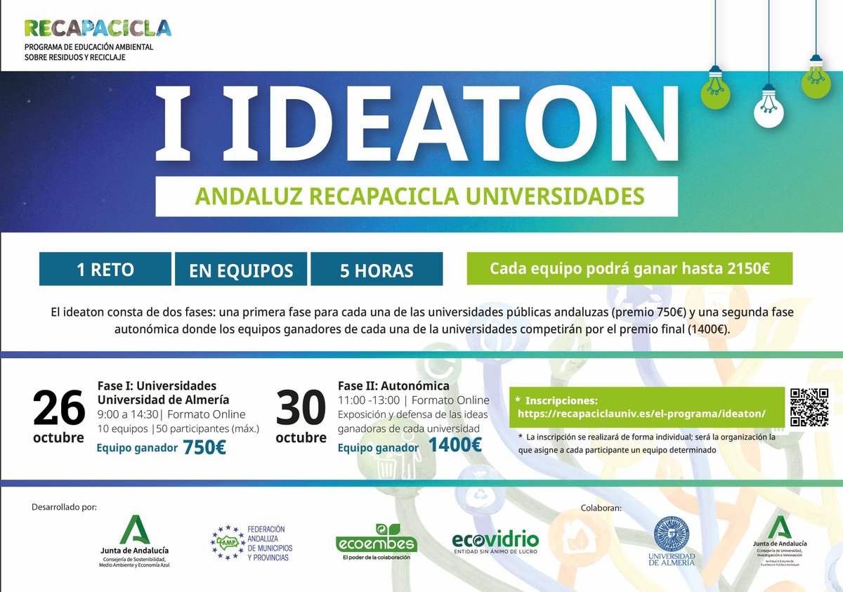 ecoUALizate's tweet photo. ATENCION‼️CAMBIO DE FECHA AL 26 DE OCTUBRE

La I Edición del concurso "Ideaton Andaluz Recapacicla Universidades” se va a celebrar finalmente el 26 de octubre.
Horario: 9:00 h a 14:30 h

Más información: https://t.co/Z6Cr5f7Lkk

Bases del concurso: https://t.co/32aXIiriR4

 #UAL https://t.co/wmiQtP8Ykh