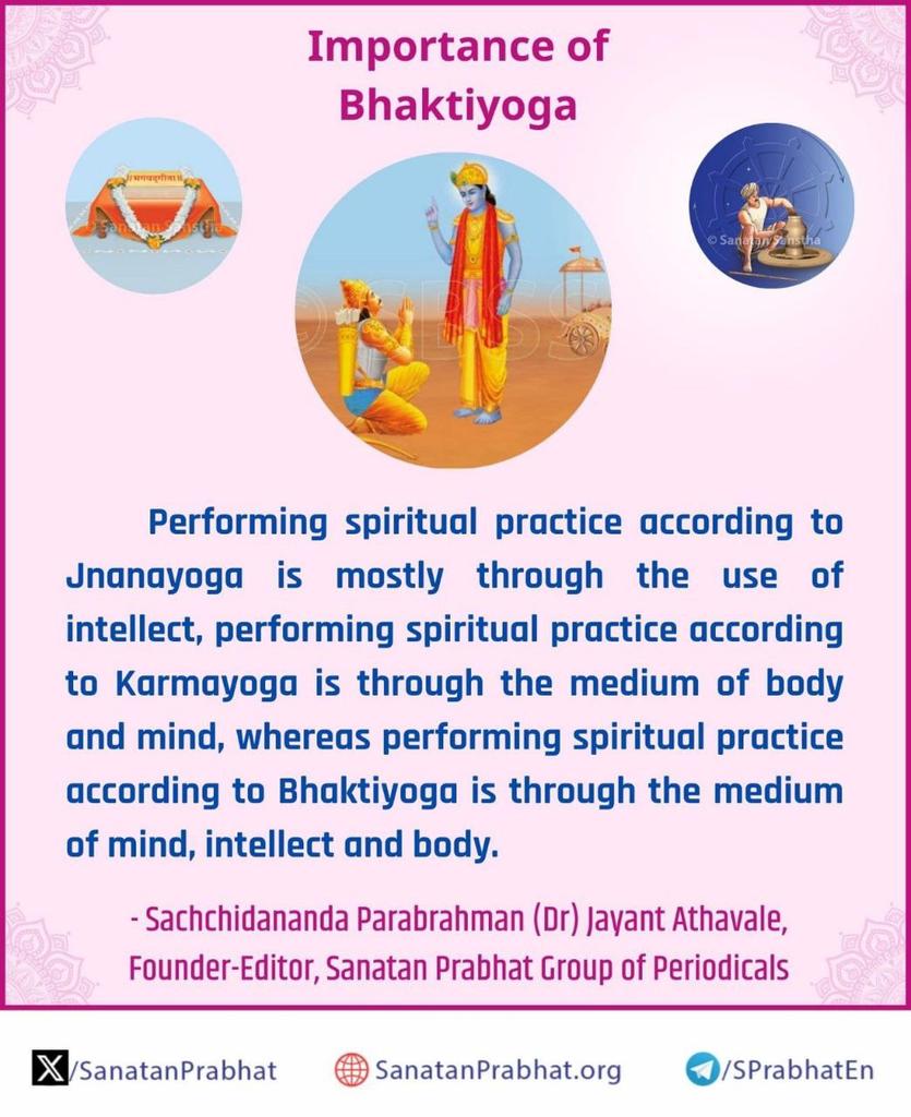 Importance of Bhaktiyoga

Performing spiritual practice according to Jnanayoga is mostly through the use of intellect, performing spiritual practice according to Karmayoga is through the medium of body and mind..

#mondaythoughts
#SPIRITUAL
@pramod_tuyenkar