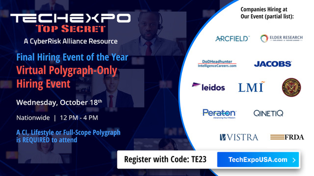 TechExpoJobFair's tweet image. The final TECHEXPO hiring event of the year is this Wed., 10/18. If you have a polygraph clearance, join us virtually from 12 - 4 PM ET. Interview via live video with hiring managers from 12+ companies such as Jacobs, Leidos, Marine Corps & more! Details: techexpousa.com/event/poly-101…