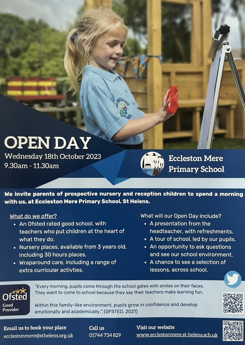 @EcclestonMere is holding an open day this Wednesday, 18 October, for any parents of prospective nursery and reception children. Information on how to book a place can be found below. The school website can also be accessed via the link. 💻 ecclestonmere.st-helens.sch.uk #Eccleston