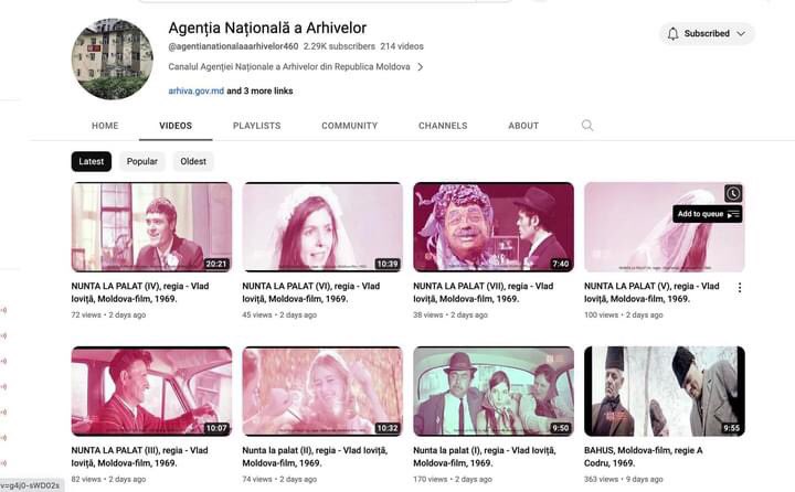 The entire video collection made public for free by the National Agency of Archives can be accessed on our YouTube channel. This contains popular music, jazz and other genres, documentaries, fiction and animated movies made by Moldova-film and Telefilm-Chișinău.