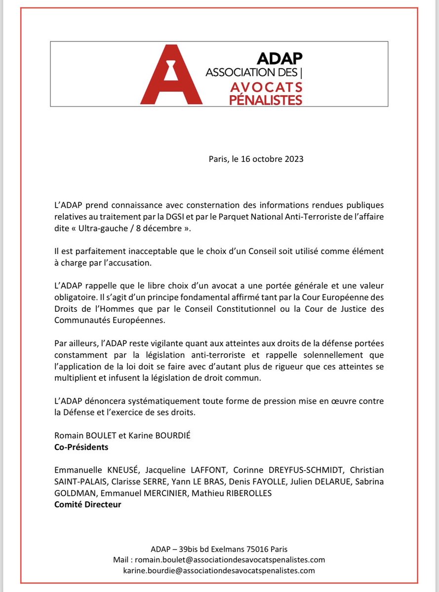 Association des Avocats PĂ©nalistes (@assoadap) on Twitter photo â ïž Il est parfaitement inadmissible que le choix dâun avocat soit utilisĂ© comme un Ă©lĂ©ment Ă charge par lâaccusation.
Suite aux rĂ©vĂ©lations rĂ©centes de âŠ<a href="/Mediapart/">Mediapart</a>â© , communiquĂ© de lââŠ<a href="/AssoADAP/">Association des Avocats PĂ©nalistes</a>â© pour le rappeler âŹïž
mediapart.fr/journal/france⊠â ïž Il est parfaitement inadmissible que le choix dâun avocat soit utilisĂ© comme un Ă©lĂ©ment Ă charge par lâaccusation.
Suite aux rĂ©vĂ©lations rĂ©centes de âŠ<a href="/Mediapart/">Mediapart</a>â© , communiquĂ© de lââŠ<a href="/AssoADAP/">Association des Avocats PĂ©nalistes</a>â© pour le rappeler âŹïž
mediapart.fr/journal/franceâŠ