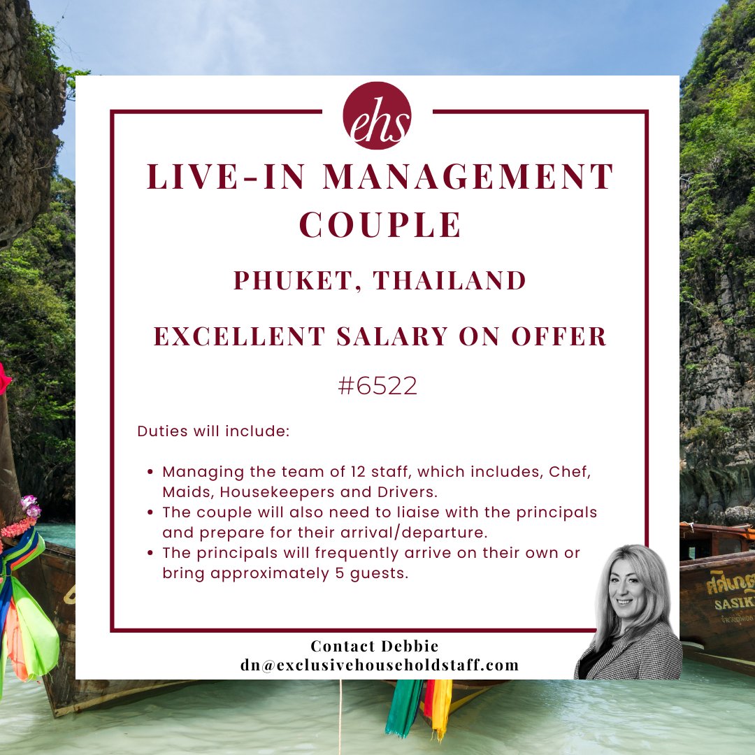 Our clients are seeking an experienced Live-in Management Couple for their high-end luxurious Villa in Phuket, Thailand.

exclusivehouseholdstaff.com/vacancies/view…

#managementcouple #domesticcouple #liveinjobs #thailanddomesticcouple #phuketjobs #thailandjobs #domesticstaff #privatestaff