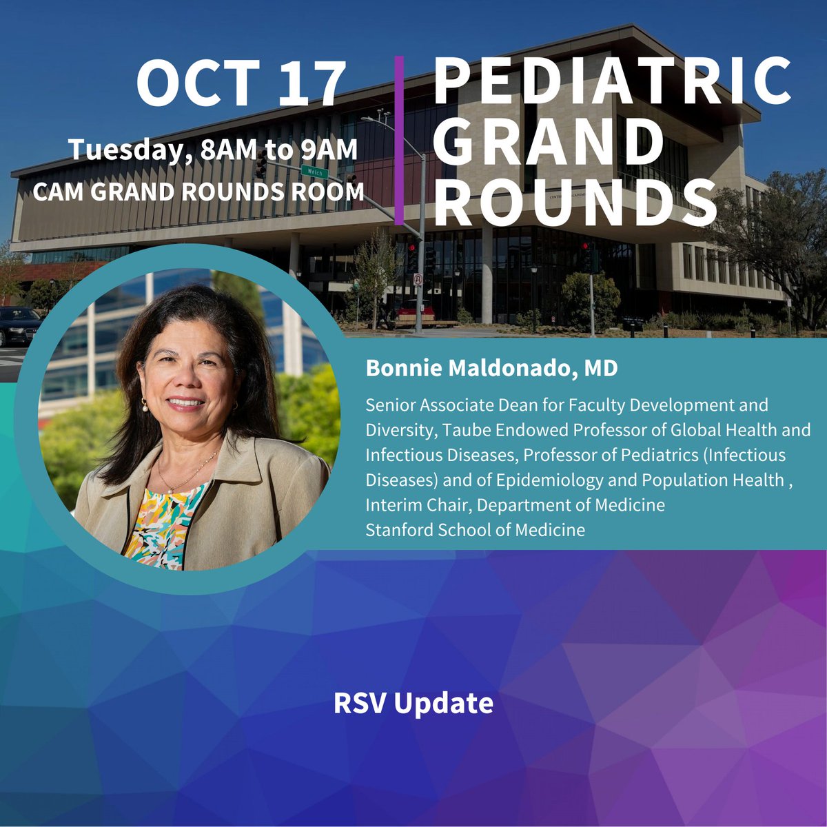 Join us tomorrow morning for an RSV Update with Dr. Bonnie Maldonado #pedsgrandrounds @StanfordMed @StanfordChild