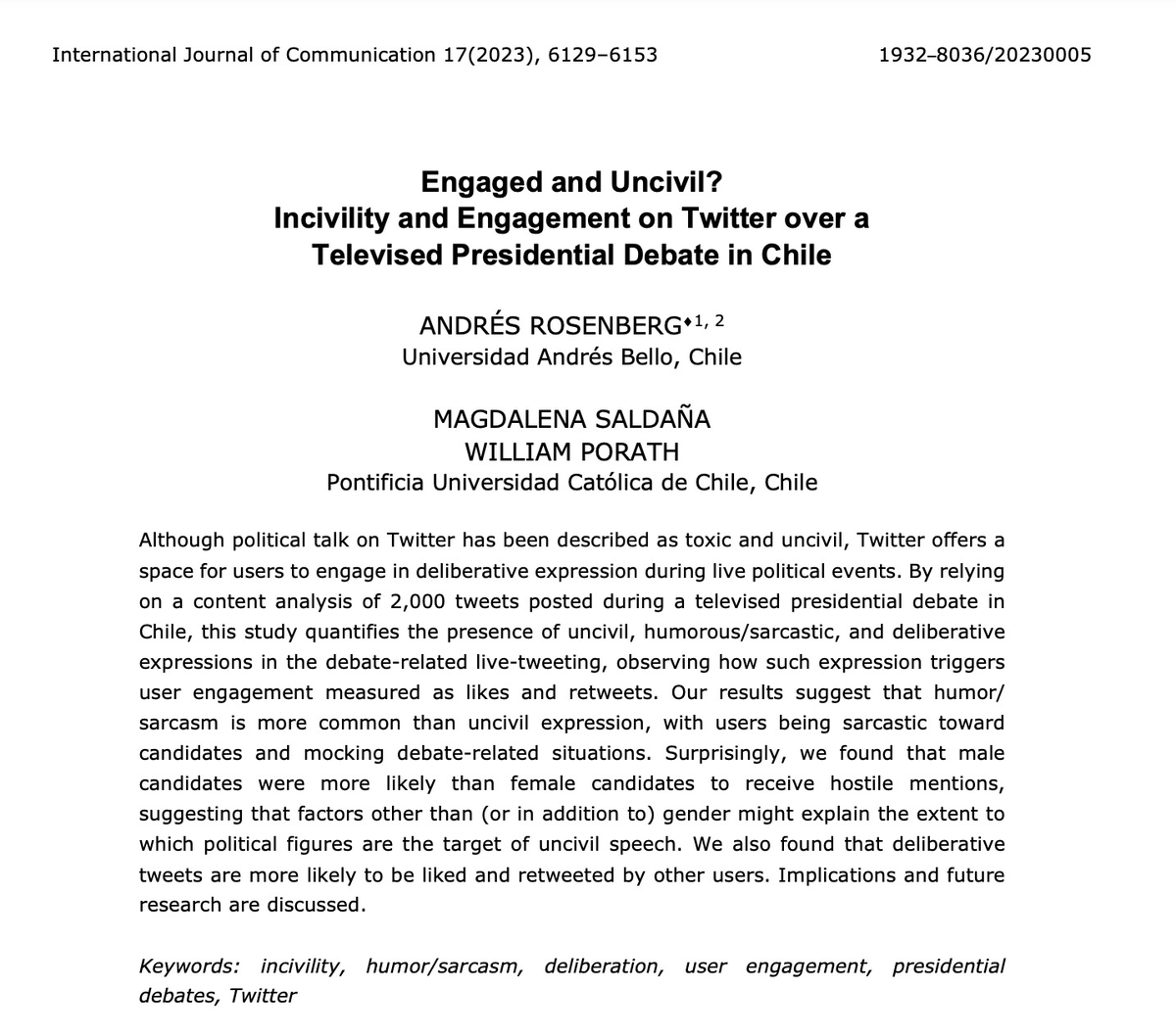 NEW PAPER ALERT‼️ Thrilled to share our newly published work in @IJoC_USC on televised presidential debates and civil/deliberative/humoristic expression on Twitter (now X) with @magdalenasaldan & @wporath: ijoc.org/index.php/ijoc…