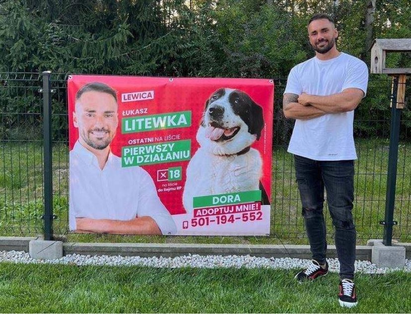 Łukasz Litewka, elected to the Polish parliament for leftwing alliance Lewica, used part of his campaign poster to advertise a homeless dog that needed adopting