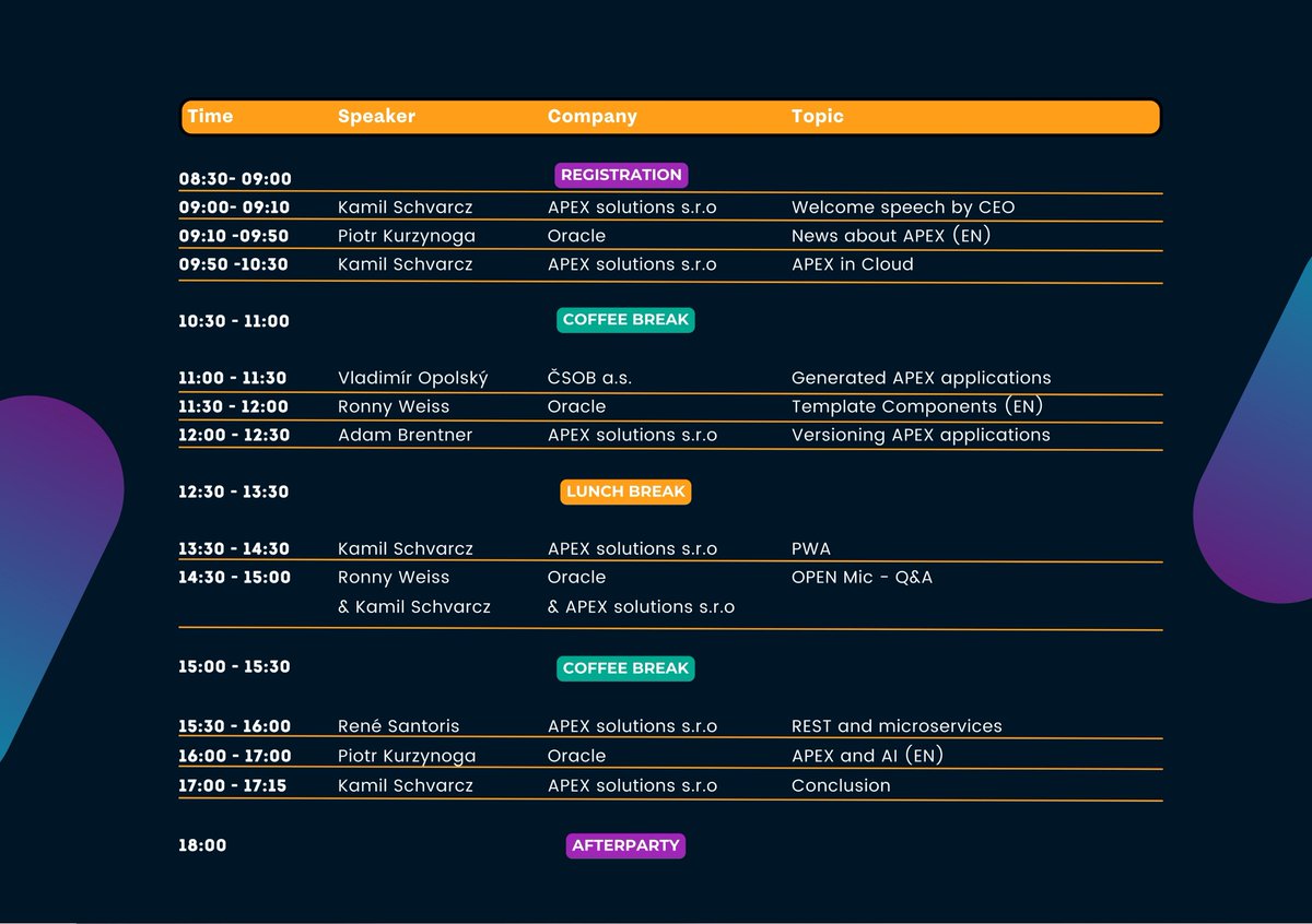 🎉APEX day 3.0 - Program
Conference in cooperation with <a href="/Oracle/">Oracle</a> 

📌Special guests: <a href="/Ronny_Weiss_/">Ronny Weiß</a> and Piotr Kurzynoga

📅 Event date: 26.10.2023 
         Location: Hotel Golf, Prague  

💡 You can get more information on the website:
apexsolutions.cz/en/apex-day