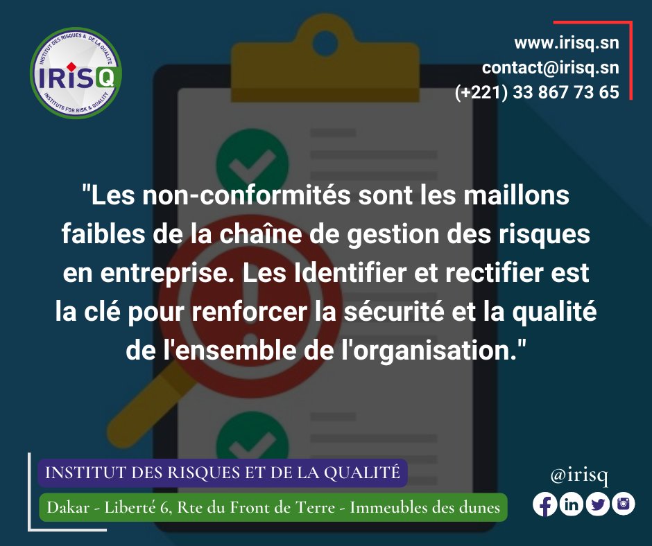 irisq_qhse's tweet photo. Le management des risques identifie, priorise, et traite les non-conformités en les intégrant dans un processus structuré. 
#IRISQ #SPM #QMP #3FPT #ONAS #UCAD #INP #GCO #APAVE #APIX #ISRA #SENSTOCK #TSA #CEAAGIR #ENVOL #SAR #ONFP #ORTB https://t.co/U7Wgue2R2t