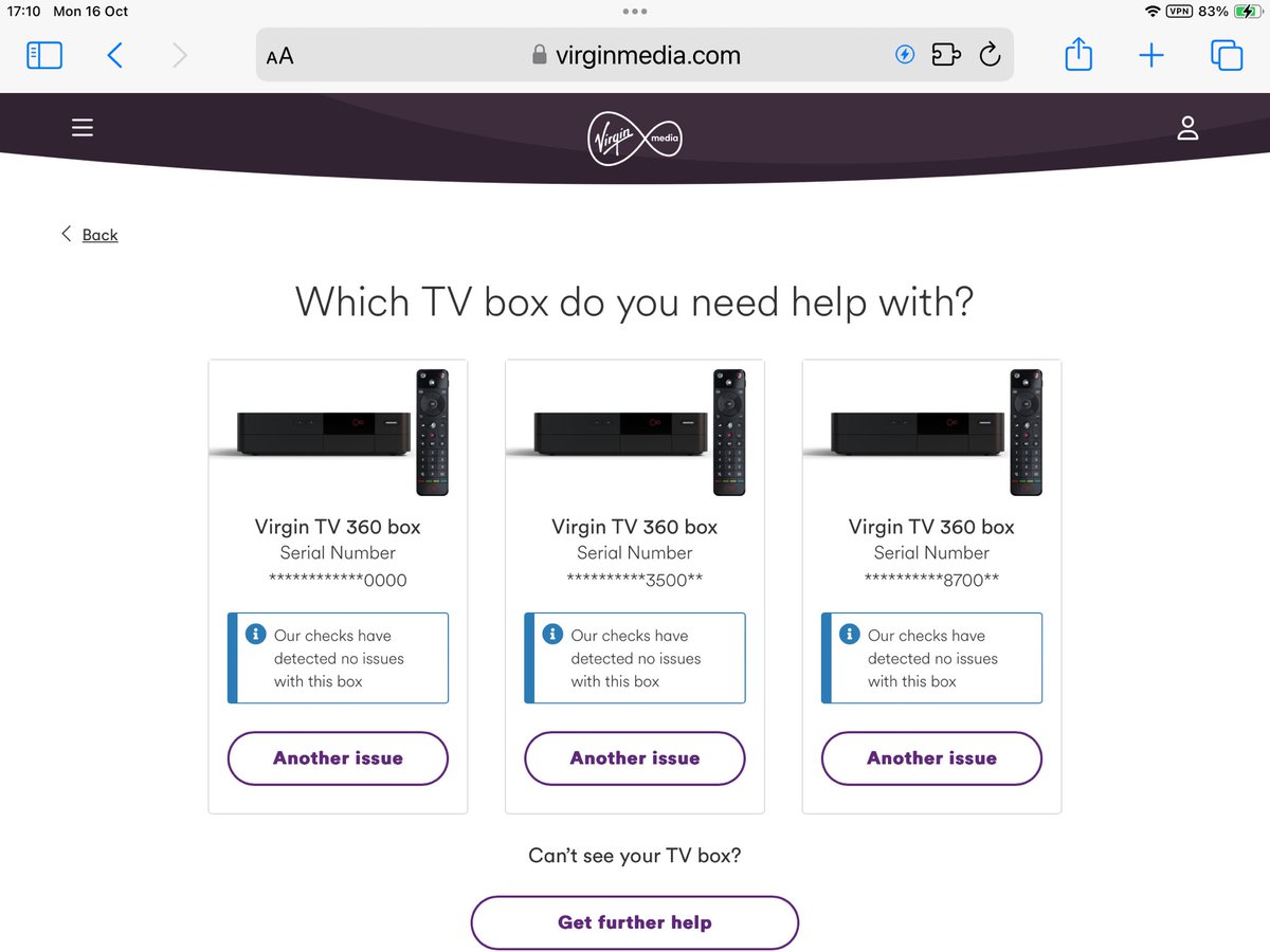 F10ree's tweet photo. @virginmedia I’ve run these tests again and get the same error message. None of the serial numbers relate to the serial numbers I have on my boxes, but to add it’s only one of my boxes that the remote is intermittently unresponsive https://t.co/NARvgkTZw6