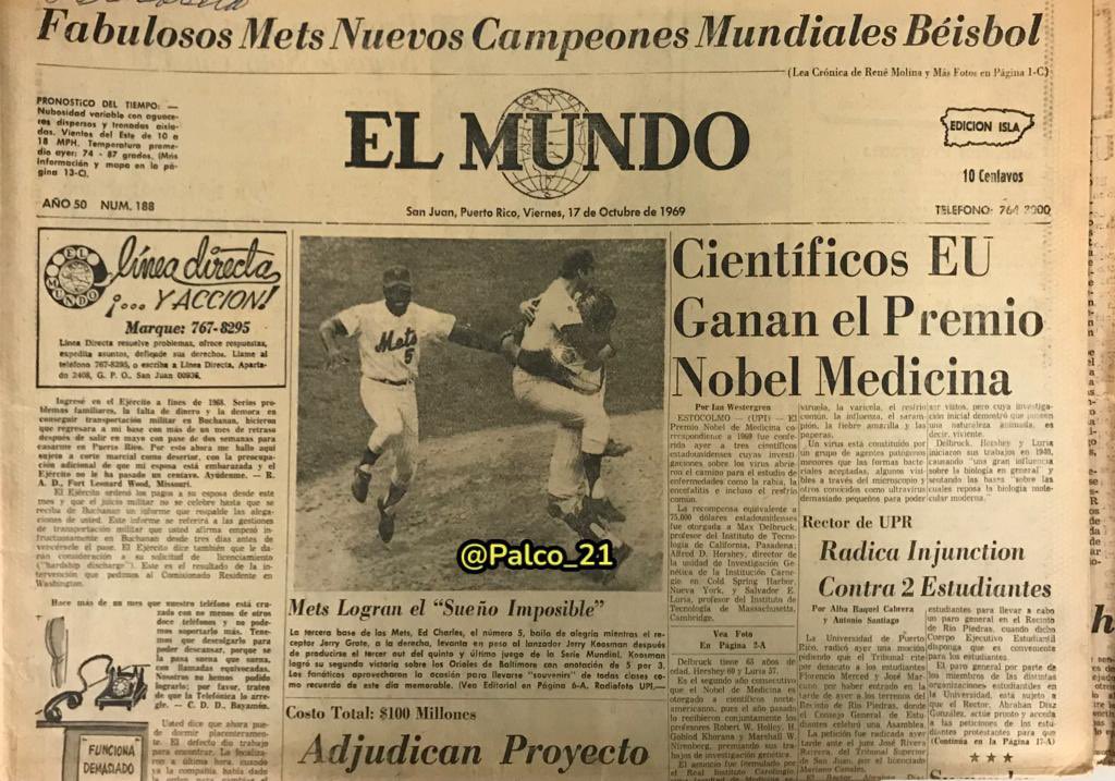 Palco_21's tweet photo. Hoy; en Octubre 16 del 1969 juego #5 de la SERIE MUNDIAL Los @Mets de New York vencieron a los @Orioles de Baltimore 5a3 y se proclaman Campeones de la Serie Mundial cPELMPR 🇵🇷 #LosFabulososMets 👇🏼 https://t.co/ppgCznj8ah