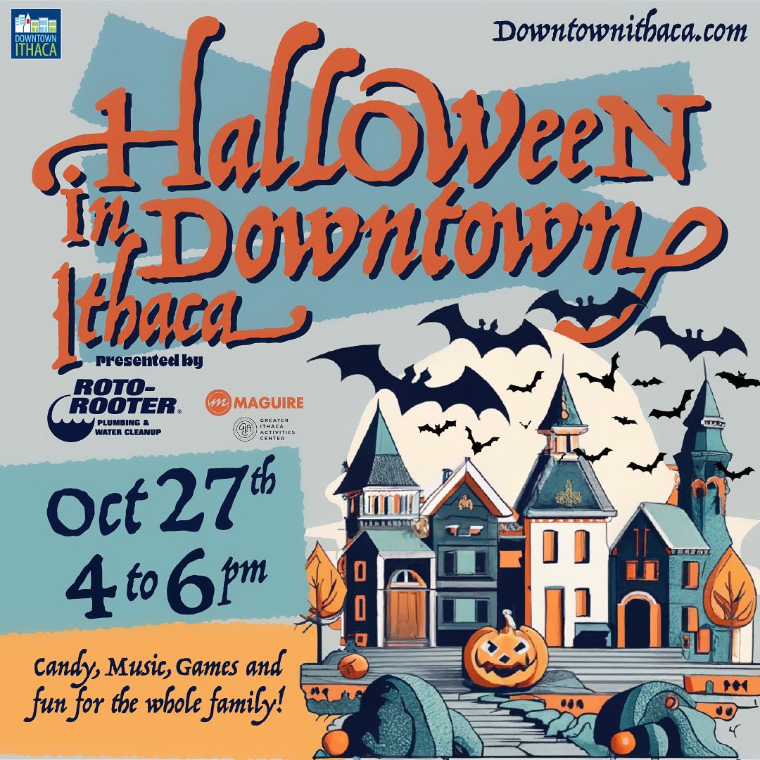 Celebrate Halloween 🎃 in Downtown Ithaca October 27th from 4pm to 6pm on the Commons. Come enjoy candy and games for the whole family!#spookyseason #whatsnewithaca #halloweendowntown #downtownithaca