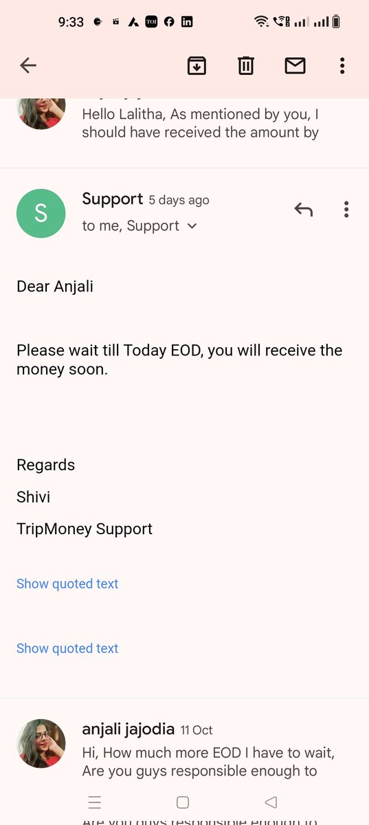 AnjaliJajodia's tweet photo. @ro536813 @makemytripcare @Rajesh_Magow @MohitKabra_ @RBI @DasShaktikanta @jagograhakjago @makemytrip @BandBajaateRaho @JagoIndia_ @RubikaLiyaquat @ndtvfeed @aajtak @HDFCBank_Cares @HDFC_Bank @sbmbankindia @tripmoneymmt @GoibiboSupport @YatraOfficial @goibibo On 5th u asked 4 bank details, then 2days later u said to wait til EOD & 2day u are asking 2 send bank details again. Have you guys lost your mind. #BOYCOTTMMT let the whole world see the mails that how u are playing with your customer. I was with MMT since 2017 but not any more https://t.co/V6ppV75iFR