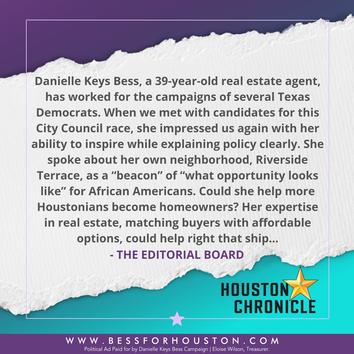 Thank you <a href="/HoustonChron/">Houston Chronicle</a> for noting my inspiration, which is fueled by my love for Houston. 💜💙
Early Vote: Oct 23-Nov 2
Election Day: Tues, Nov 7
.
#Bess4Houston #EarlyVote #ElectionDay #YourVote #YourVoice #Candidate #Houston #CityCouncil #AtLarge2 #Vote