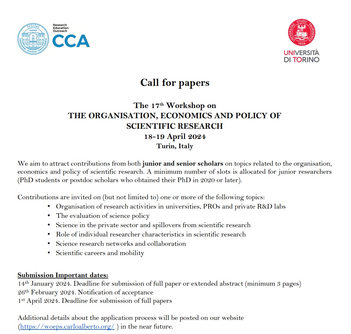 🪇🎯CfP for the next workshop on the Organisation, Economics and Policy of Scientific Research is out! 18-19 April 2024 in Torino! #scienceofscience #innovationeconomics @unito @ZEW @TU_Muenchen