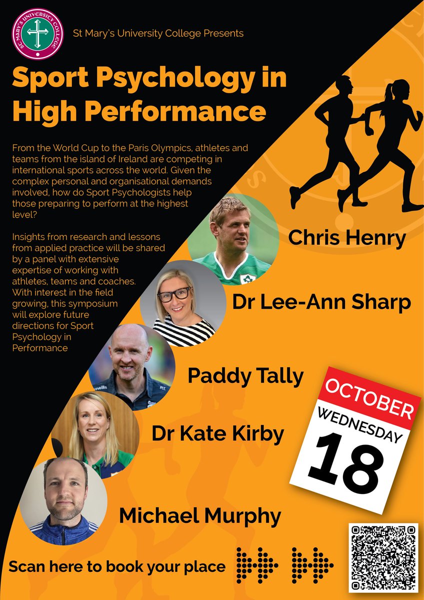 Last call for this Free event ‼️Sport Psychology in High Performance ‼️ With our expert panel, we’ll have plenty of events in sport and performance to explore & discuss. Please register online tinyurl.com/ywr24w2h or scan QR code @StMarys_Belfast @UlsterSchSport @BPS_DSEP