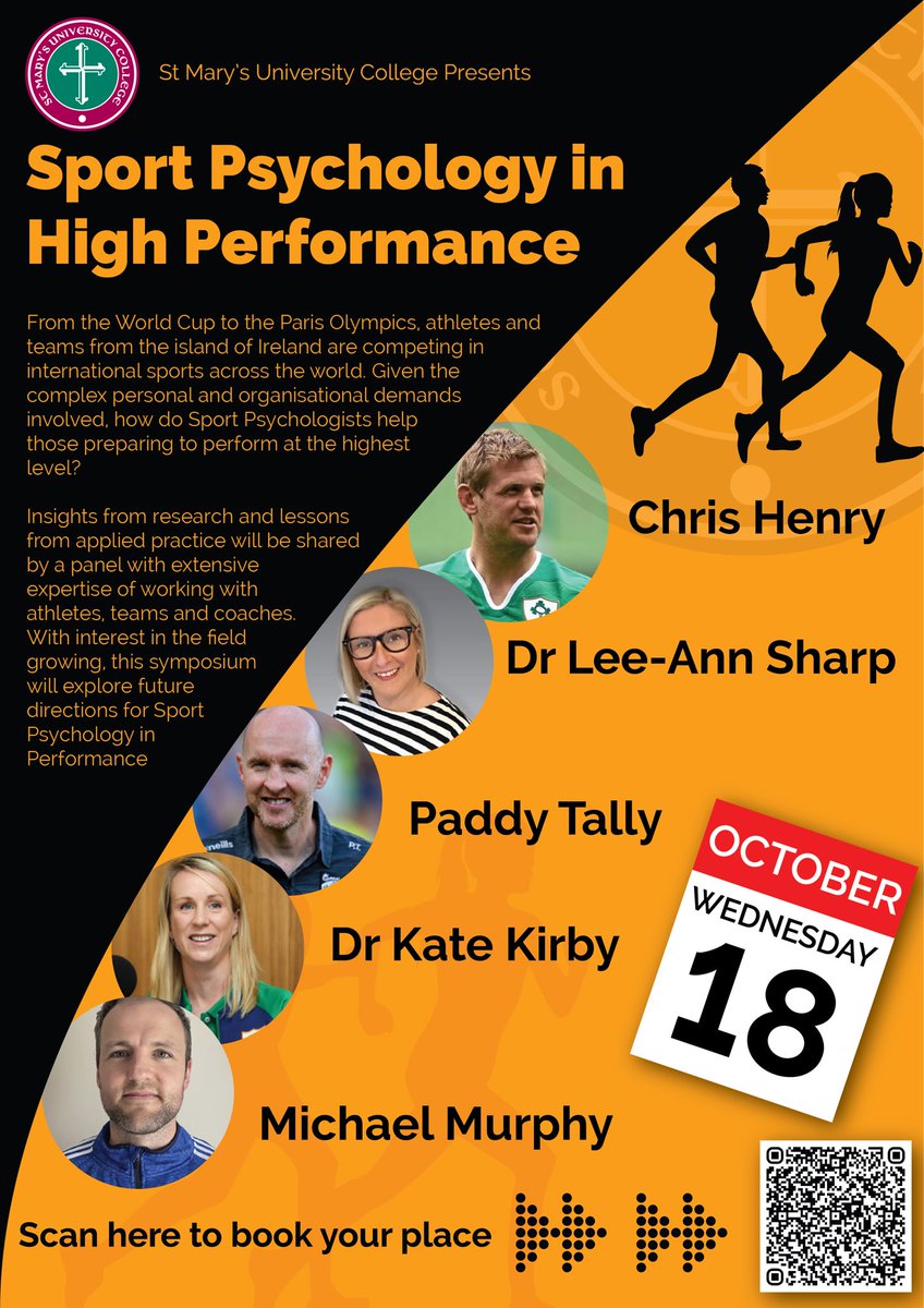 Dr Ciarán J. Kearney (@ciaranjkearney) on Twitter photo Last call for this Free event ‼️Sport Psychology in High Performance ‼️
With our expert panel, we’ll have plenty of events in sport and performance to explore & discuss.
Please register online tinyurl.com/ywr24w2h or scan QR code <a href="/StMarys_Belfast/">St Mary’s University College Belfast</a> <a href="/UlsterSchSport/">School of Sport & Exercise Science</a> <a href="/BPS_DSEP/">BPS Sport & Exercise Psychology (DSEP)</a> Last call for this Free event ‼️Sport Psychology in High Performance ‼️
With our expert panel, we’ll have plenty of events in sport and performance to explore & discuss.
Please register online tinyurl.com/ywr24w2h or scan QR code <a href="/StMarys_Belfast/">St Mary’s University College Belfast</a> <a href="/UlsterSchSport/">School of Sport & Exercise Science</a> <a href="/BPS_DSEP/">BPS Sport & Exercise Psychology (DSEP)</a>
