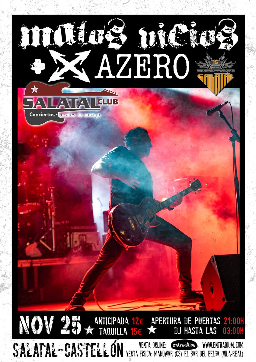 ⚠️ ¡Atención! El próximo 25 de noviembre nos vemos las caras en casa, en Salatal Club (Castelló) junto a los turolenses Azero  ‼️

📌 Salatal, Castelló
(Polígon Fadrell-Industrial, 39)
📆 Sábado 25 de noviembre a las 21h
🎟️ entradium.com/events/malos-v…