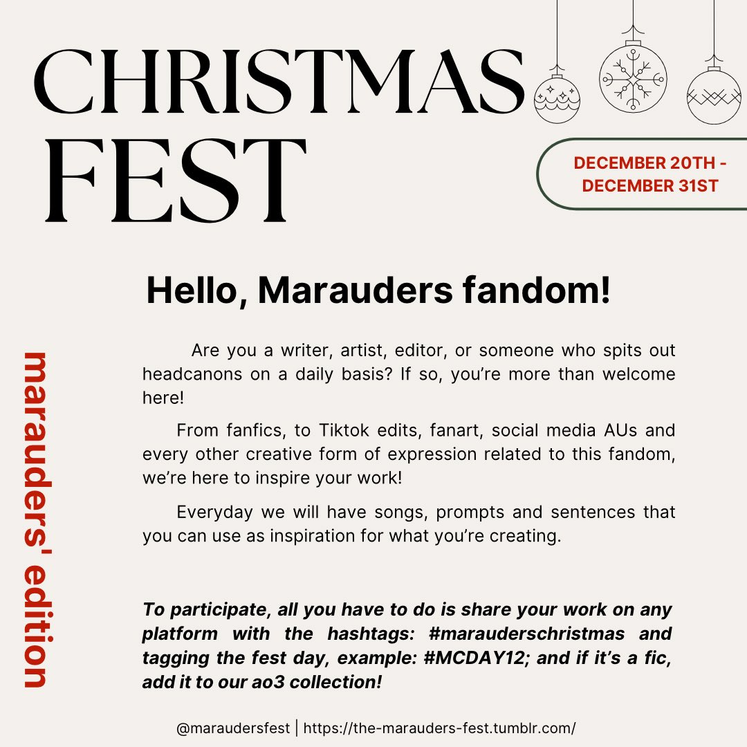 maraudersfest's tweet photo. it’s happening! marauders christmas fest is on its way! ❄️☃️

the prompts are ready to go and we will reveil them over the days to come. want to know more? check out: https://t.co/YYH3RrqXJi https://t.co/dgqRVWpS67