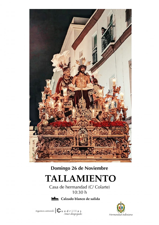 Nuestro capataz Joaquín Cortés Molina y su equipo, convocan para el 26-11-2023 a las 10:30h, a todos los cargadores que conforman la cuadrilla de Ntro. Padre Jesús del Amor, así como los aspirantes que deseen pertenecer a la misma. 
*Obligatorio asistir con el calzado de salida.