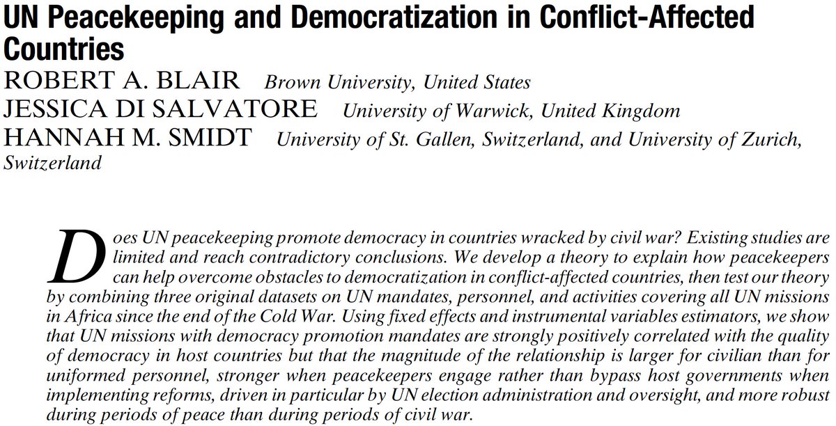 How peacekeepers build democracies, w/ @jessdisal and @hannah_smidt in the new @apsrjournal cambridge.org/core/journals/…