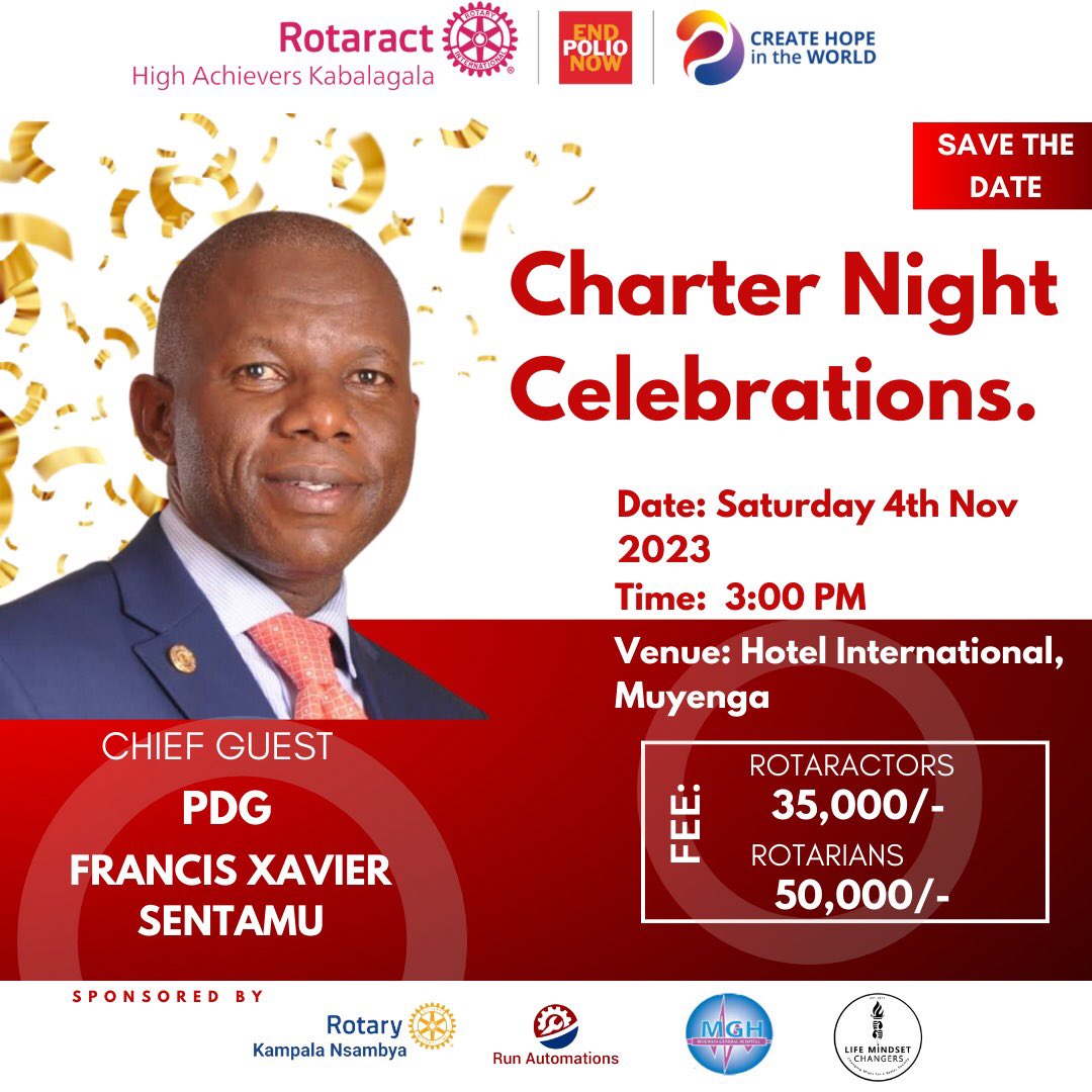 4th Nov. 2023 
Charter Night is the celebration of our induction as a club into the global family of Rotary International  
We shall be glad to have you with us on this special day 
  #Highachievers