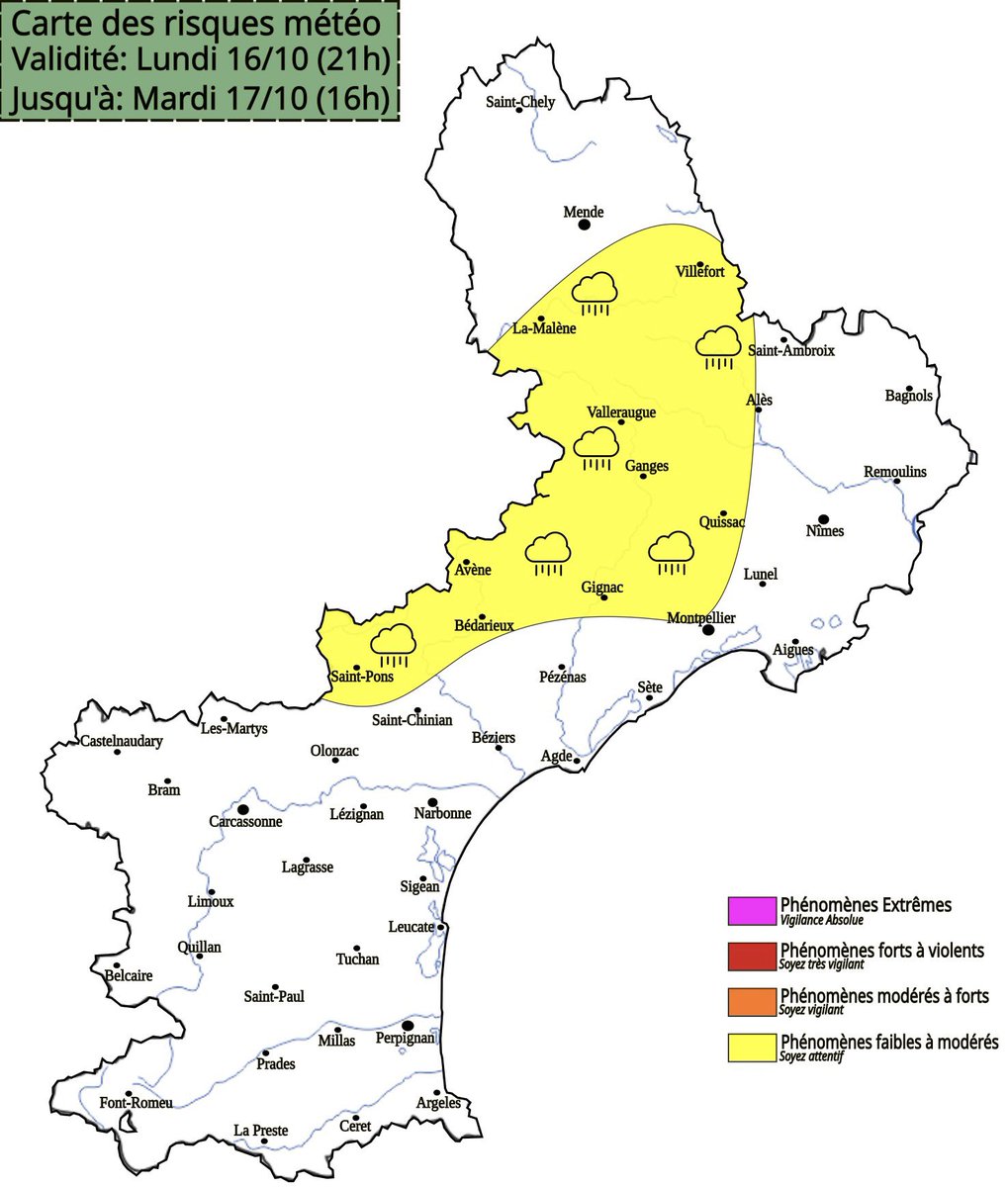MeteoRoussillo1's tweet photo. ☔️ #EPISODECEVENOL à partir de la nuit prochaine sur l’#Herault et le #Gard. Cumuls de 60/90 millimètres d’ici demain soir. Aggravation significative pluvieuse et orageuse mercredi faisant évoluer la carte 💧⚠️ https://t.co/3cevusgf0U