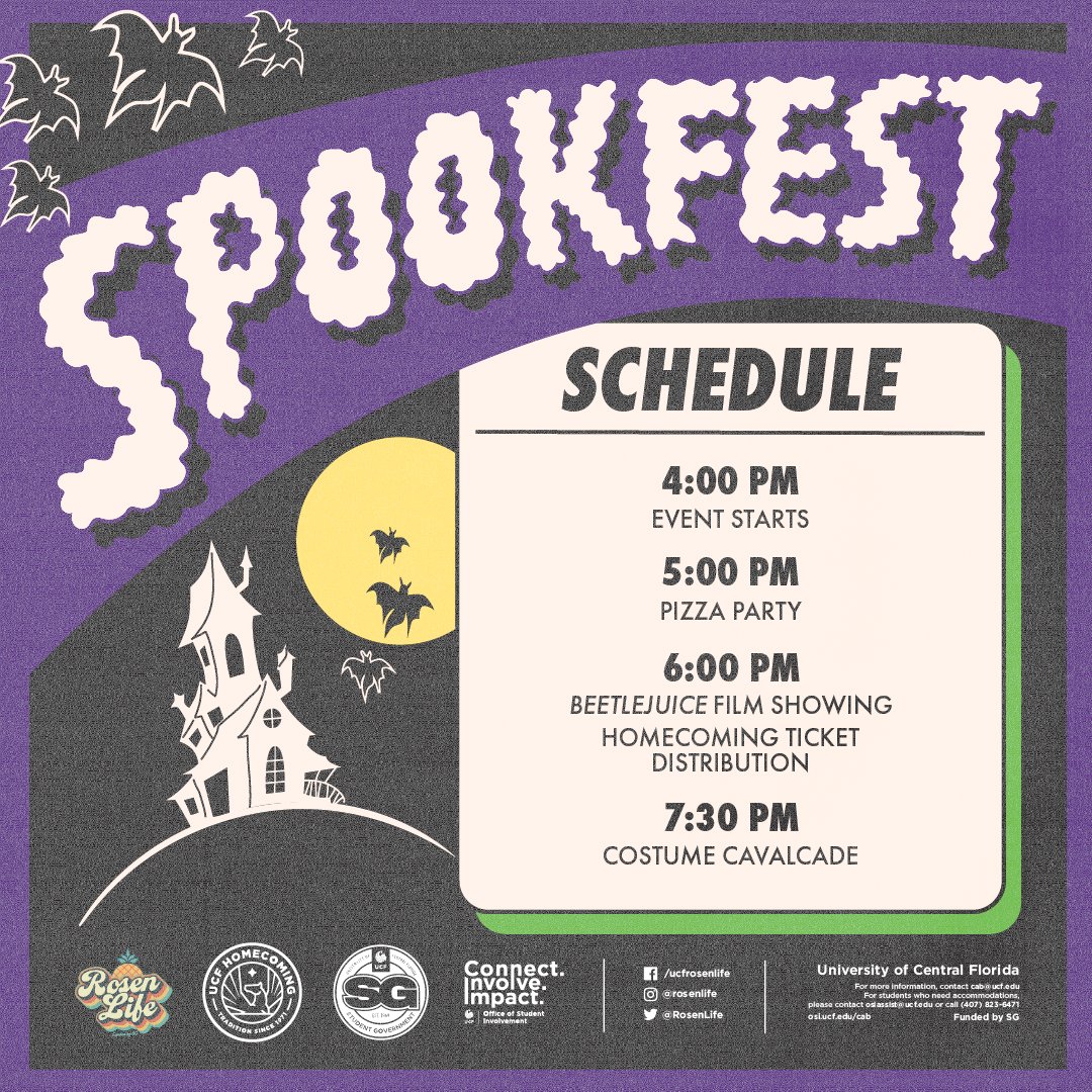 UCF OSI (@ucf_osi) on Twitter photo @rosenlife, <a href="/UCFHC/">UCF Homecoming</a>, <a href="/UCFSG/">UCF Student Government</a> present: Spookfest!
The spookiest event of the year will include a showing of Beetlejuice 🎥 Come get some pizza 🍕 and also pick up your tickets for the Homecoming events
Wear your best costume! 🧟
📅 October 18
🕕 4 pm
📍 Rosen College Courtyard @rosenlife, <a href="/UCFHC/">UCF Homecoming</a>, <a href="/UCFSG/">UCF Student Government</a> present: Spookfest!
The spookiest event of the year will include a showing of Beetlejuice 🎥 Come get some pizza 🍕 and also pick up your tickets for the Homecoming events
Wear your best costume! 🧟
📅 October 18
🕕 4 pm
📍 Rosen College Courtyard