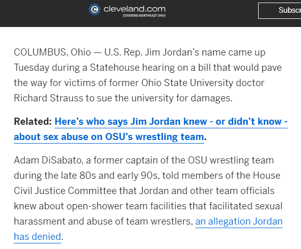 Fritschner's tweet image. Jim Jordan and the OSU abuse scandal:
- 177+ students abused over 20 years (Jordan was there for 7)
- 6+ alleged Jordan knew about it
- Their accusations are direct ("I told him") and under oath
- Jordan refused to cooperate with investigators
- Jordan is named in the lawsuit
