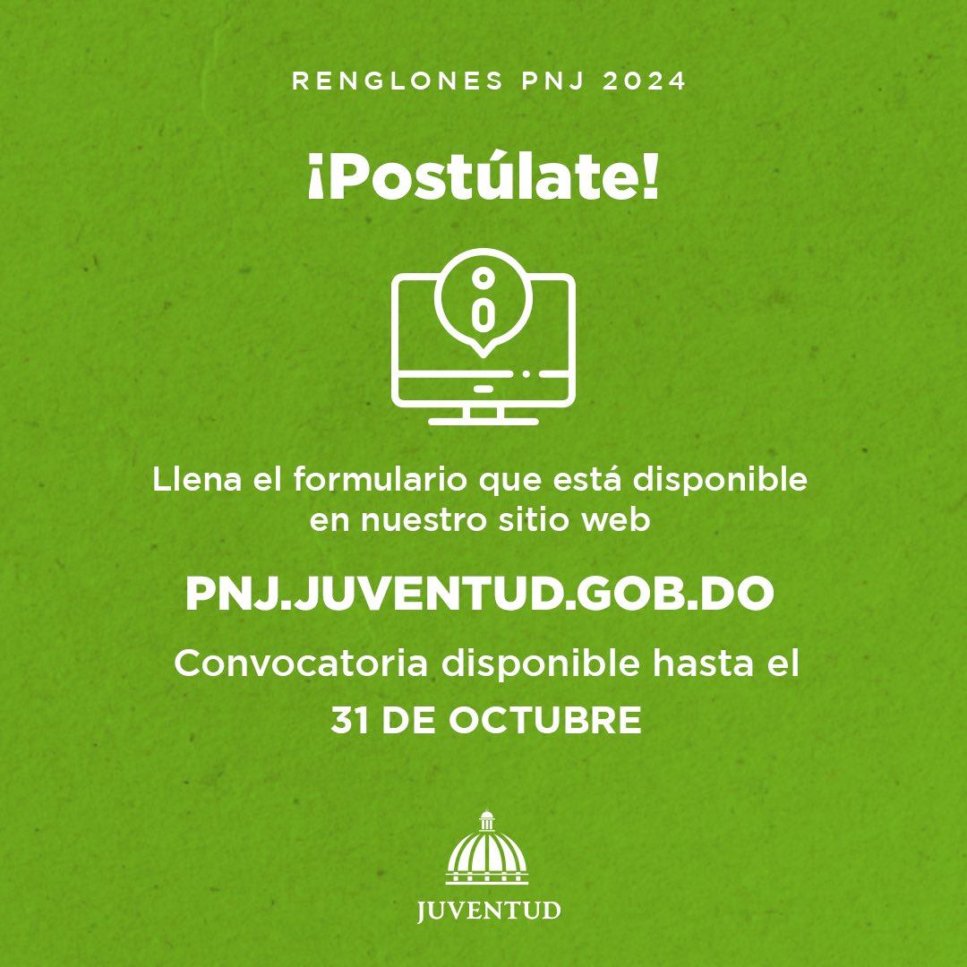 JuventudRD's tweet photo. Tú, joven deportista con méritos en el escenario nacional, podrías ser el próximo ganador del renglón 𝗗𝗲𝗽𝗼𝗿𝘁𝗲 𝗡𝗮𝗰𝗶𝗼𝗻𝗮𝗹.⁣
⁣
Postúlate en esta edición del #PremioNacionaldelaJuventud, completa el formulario disponible en https://t.co/06Faj50eOr

#PNJ2024 https://t.co/Du2JkKHt8I