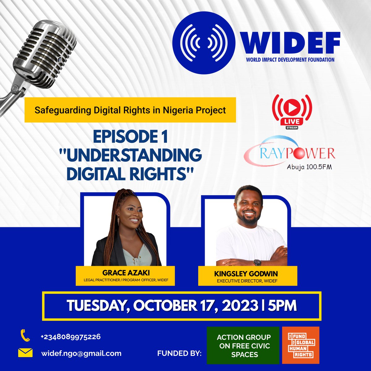 wideflive's tweet image. Digital rights are more crucial than ever in today&apos;s tech-driven world. Join us for the first episode of the WIDEF Radio Program on Safeguarding Digital Rights in Nigeria! 

Topic: Understanding Digital Rights  
📻

#WIDEF
#SafeguardingDigitalRights
#RadioProgramme