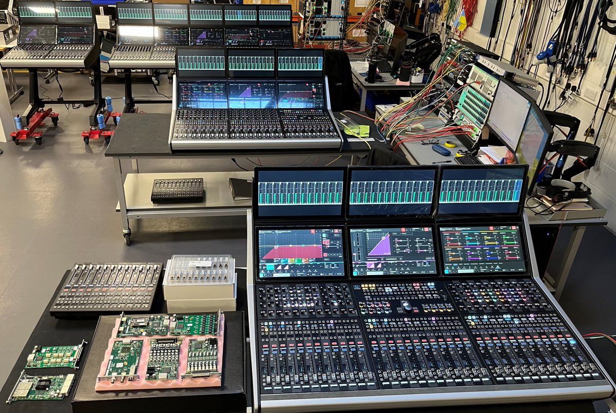 calrecaudio's tweet photo. 🎚️#Calrec Argo consoles at the ready!
Here’s our assembly line of brand-new Argo S #audiomixers currently going through rigorous testing before our final quality control inspection. They will then make their way to Japan🇯🇵 & the US🇺🇸! https://t.co/c7ybtVHp8w