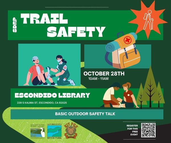 sdrvc's tweet image. Mark your calendars: David Shorey, a certified Wilderness First Responder and First Aid Instructor, will lead an outdoor safety training session from 10 to 11 a.m. Oct. 28 at Escondido Library, 239 S. Kalmia St., Escondido.
#SDRVC #SDRP #SanDieguitoRiverPark