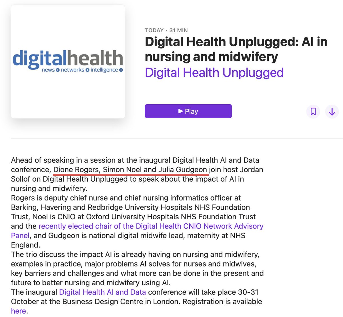 🎙️ Discover AI's Impact on #Nursing and #Midwifery: Tune into the Podcast! Host: @JordanSollof_DH Guests: esteemed experts in #HealthcareInformatics, recently shared their perspectives in a prelude to the Digital Health AI and Data conference: 🔹 @Dione_rogers - deputy chief