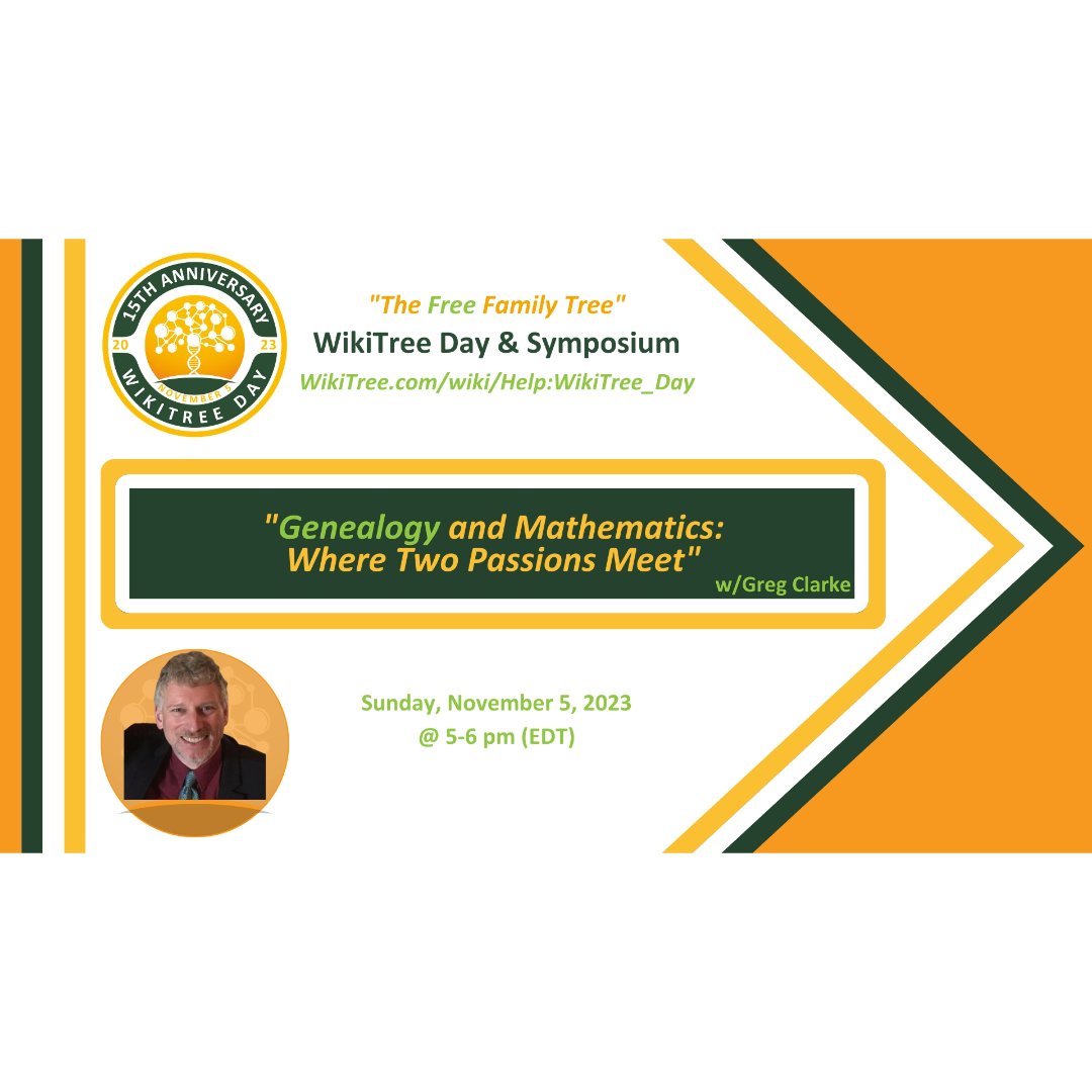 WikiTreers's tweet photo. Greg Clarke: "Genealogy and Mathematics: Where Two Passions Meet" Register for #WikiTreeDay2023 https://t.co/n5jPbxlhJg #WikiTreeDay @uptergrovegreg https://t.co/DvoDGfOI8P