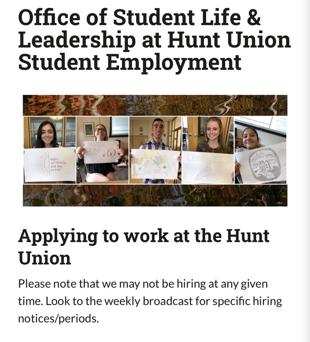 The Hunt Union is accepting applications for Student Building Manager positions next semester. Check out our announcement on Handshake and follow the links to the application in Campus Connection.  Applications require a cover letter and résumé and due November 1, 2023